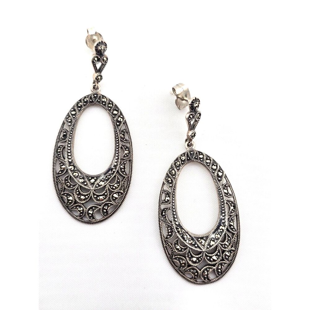 Vintage 925 Sterling Silver Marcasite Earrings Post Oval Drop Thailand Filigree